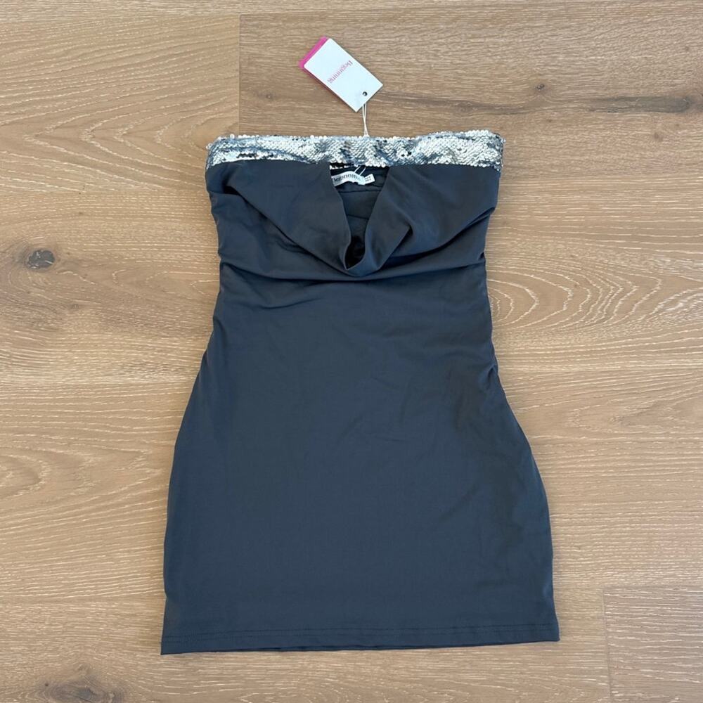 Beginning Boutique Mini Dress Theo Cowl Neck Sequin Trim Size US 2 in Gray
